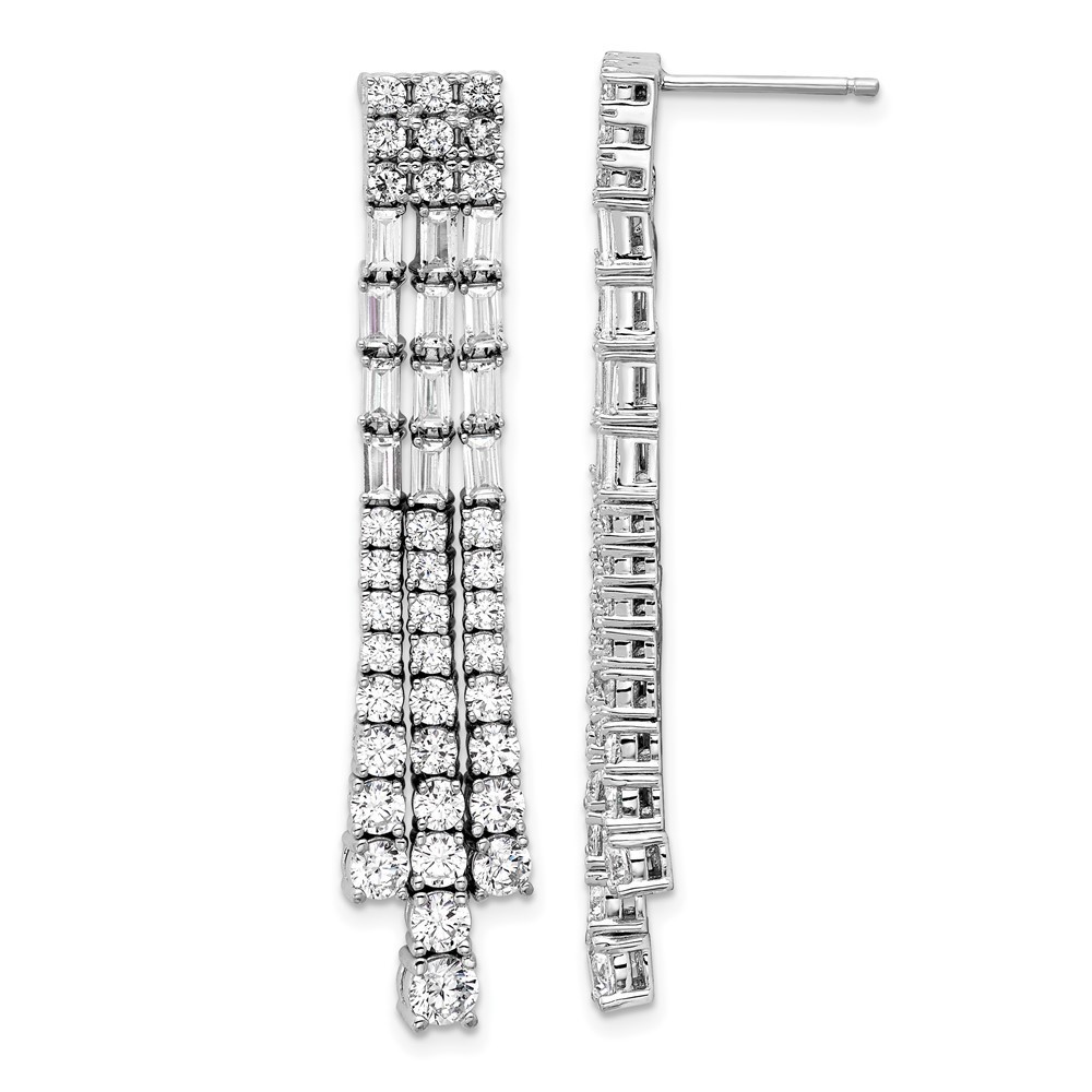 925 Sterling Silver Rhodium-Plated Polished Fancy 3-Row Cz Post Dangle Earrings